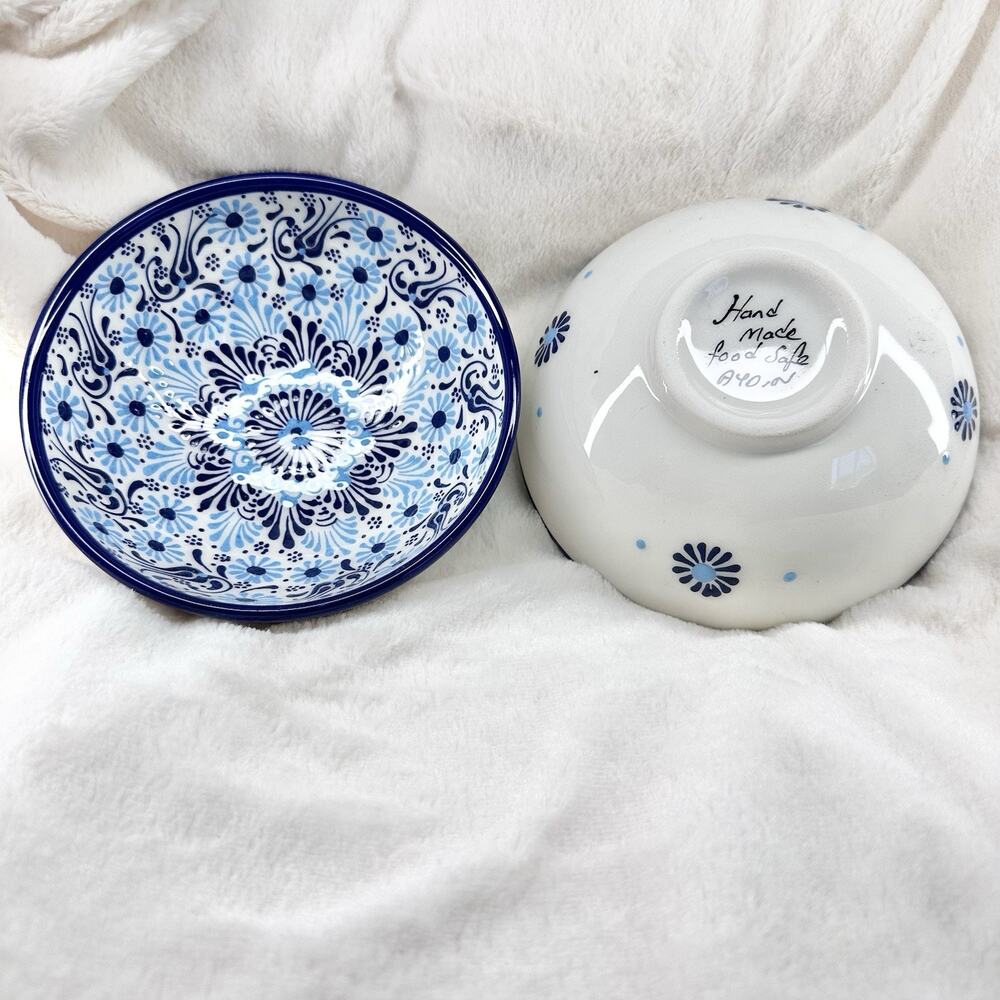 Vintage Turkish Grand Bazaar Ceramic Bowl Hand Painted Blue Floral Design